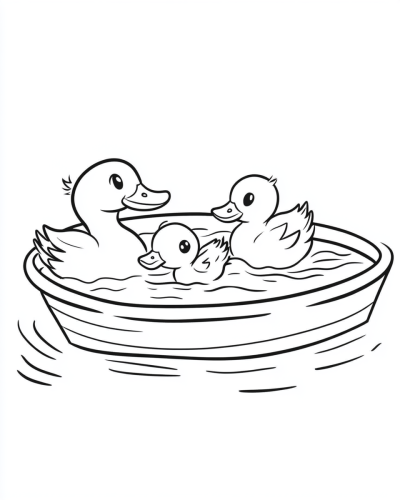 Duck and ducklings in a simple pond scene.
