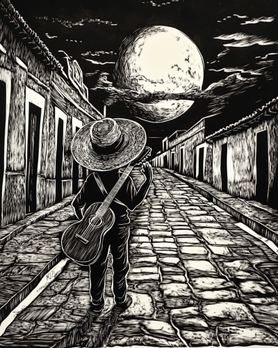 Dwarf Playing Guitar under Moon in Antigua Guatemala
