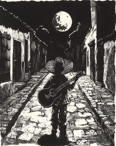 Dwarf with Guitar in Moonlit Guatemalan Street