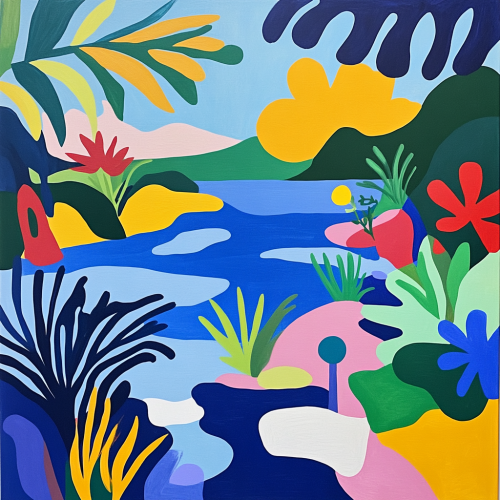 Dynamic lake with colorful flowers inspired by Matisse style. Dynamic lake with colorful flowers inspired by Matisse style.