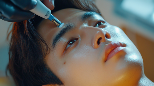 East Asian man having blackhead removal at beauty salon.