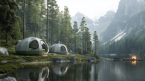 Eco-friendly campsite with solar tents and modern campfire