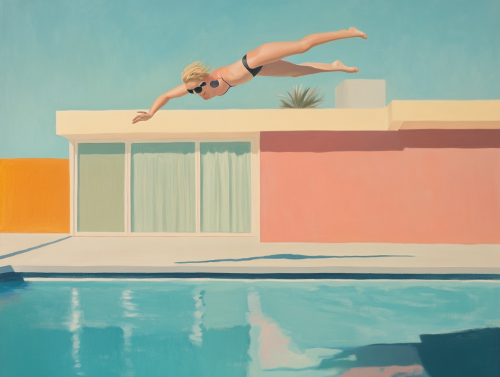 Edward Hopper hyperrealistic painting blond woman sunglasses pool dive pastel architecture.