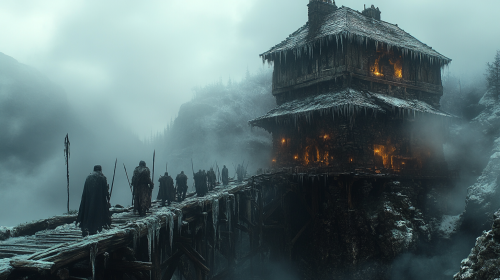 Eerie Watchtower Guards Stand in Frosty Forest