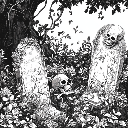 Eerie graveyard scene with playful yet unsettling elements