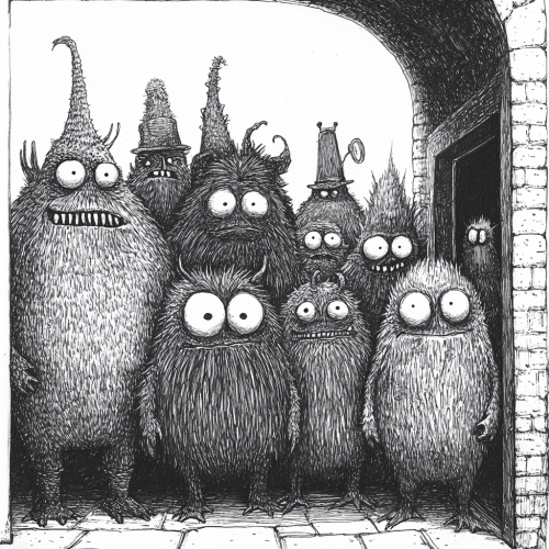 Eerie monsters gather in dimly lit hallway