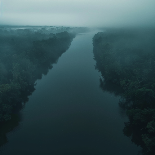 Eerie river shrouded in foggy silence at dawn.