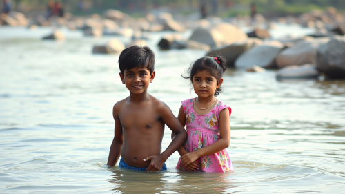 Eknath Shinde and his children boating in the river.
