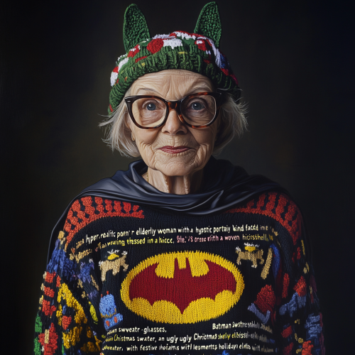 Elderly Woman in Unique Batman Christmas Sweater Portrait