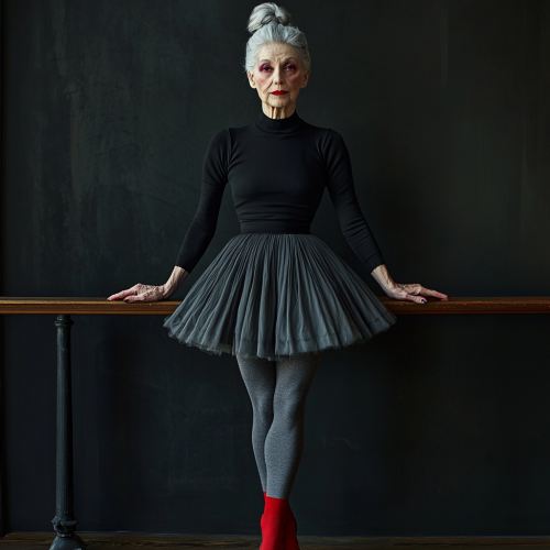 Elderly ballerina in black skirt and red ballet shoes