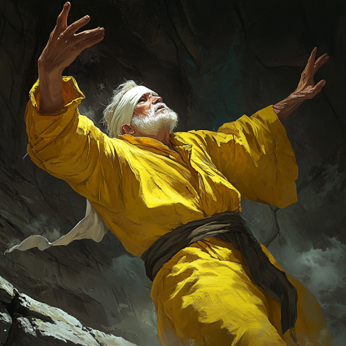 Elderly man in yellow robe with white bandage.