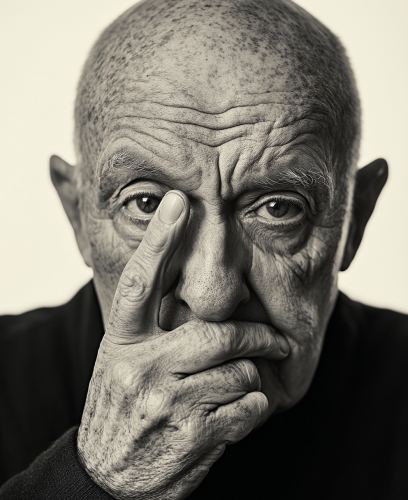 Elderly man with shaved head touches nose solemnly