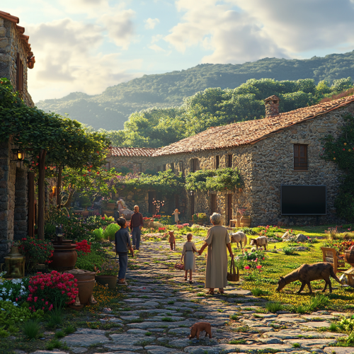 Elderly people, children, dogs, cats, horses in garden.