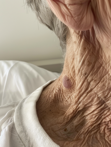 Elderly woman's neck with small skin lesions, wrinkles, iPhone X photo on Reddit 2019