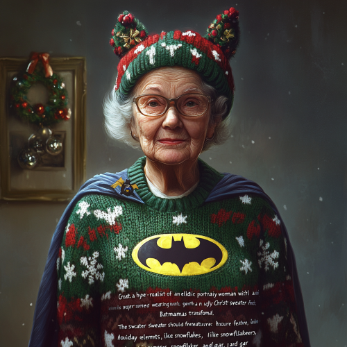 Elderly woman in quirky Batman Christmas sweater portrait