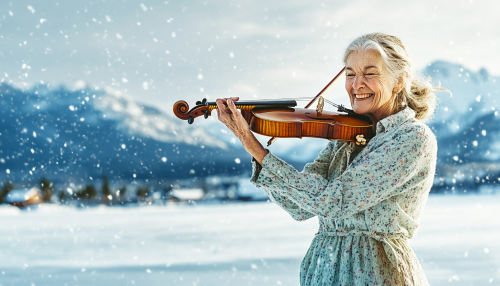 Elderly woman in stylish clothes with violin on ice