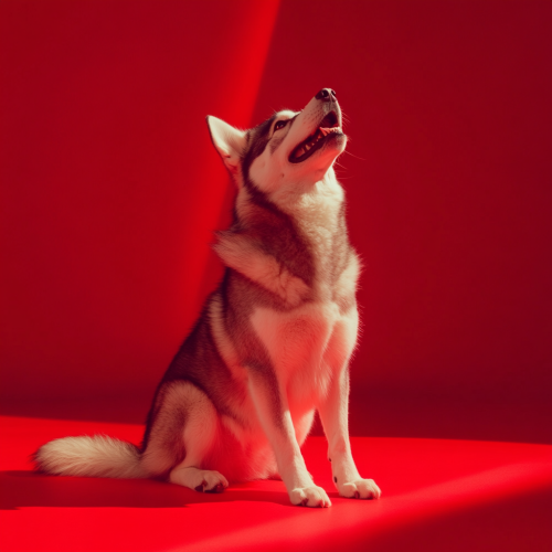Elegant Husky Sitting with Paw Up on Red Background