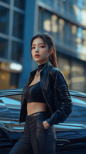 Elegant Japanese woman by luxury car