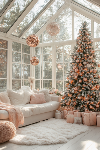 Elegant Rose Gold Christmas Sunroom Decor