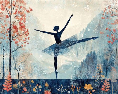 Elegant ballerina dances in cold Nordic nature