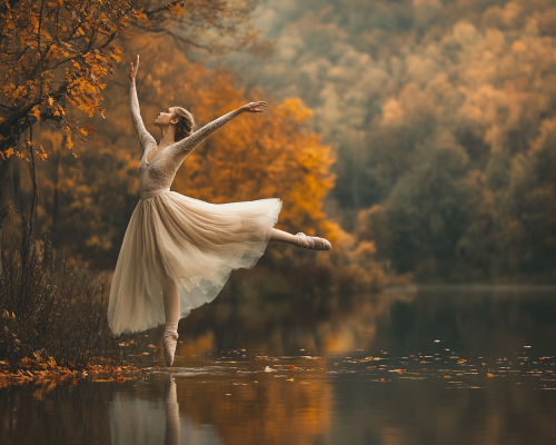 Elegant ballerina in Nordic nature with surreal touch