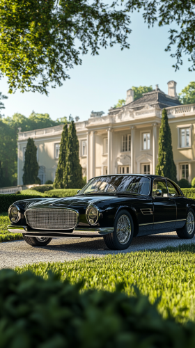 Elegant black car in front of grand estate