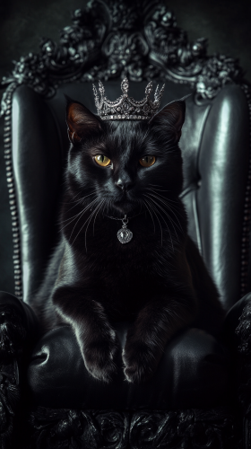 Elegant black cat in diamond tiara throne