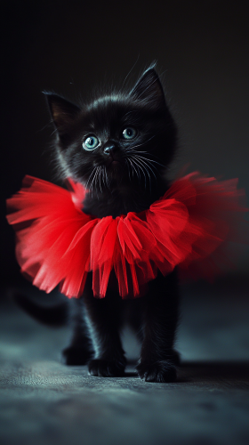 Elegant black kittens in red tutus, mysterious and sleek