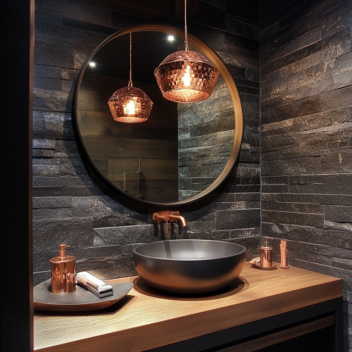 Elegant dark bathroom with stone tiles and mirror