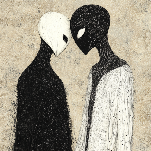 Elegant figures in calm tension with surreal elements. Elegant figures in calm tension with surreal elements.