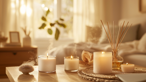 Elegant fragrance diffusers and candles create cozy home atmosphere.