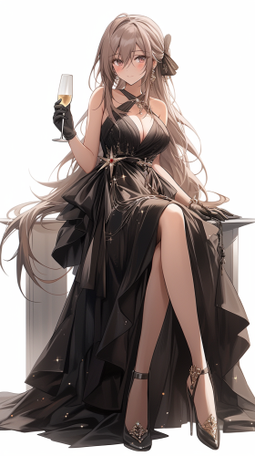 Elegant queen in black dress holding wine glass