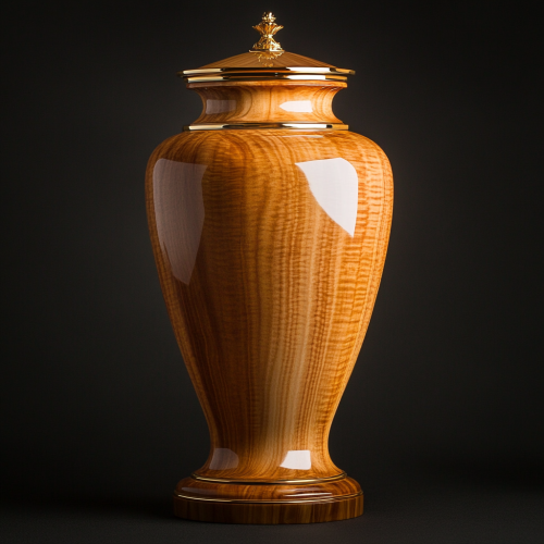 Elegant rectangular wooden urn with gold accents Elegant rectangular wooden urn with gold accents