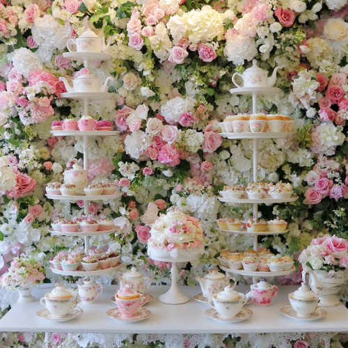 Elegant tea party with floral, lace, hats, and desserts. Elegant tea party with floral, lace, hats, and desserts.