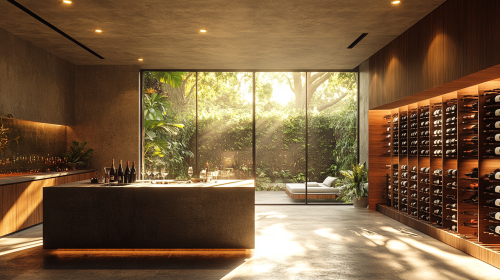 Elegant wine cellar with wooden racks and spotlighting