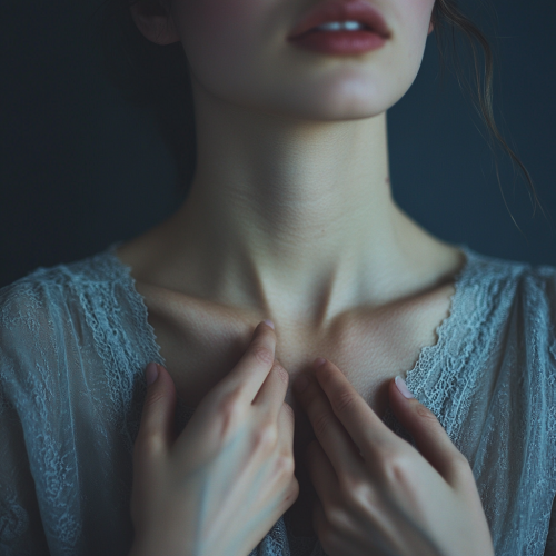 Elegant woman's hands in blue, feeling happy