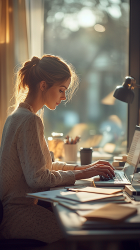 Elegant woman at desk typing with office accessories
