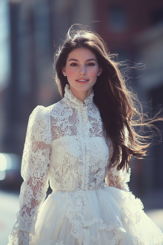 Elegant woman in lace Gucci gown with confidence