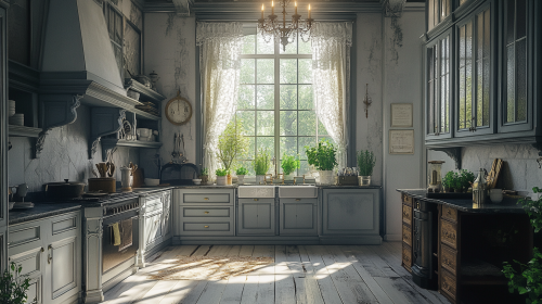 Elegantly eerie kitchen: gray cabinets, lace curtains, antique chandelier. Elegantly eerie kitchen: gray cabinets, lace curtains, antique chandelier.