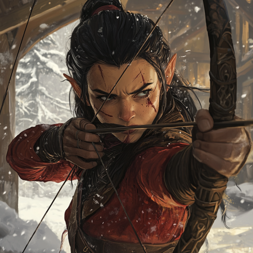 Elf ranger with black ink blots, angry, ready to fire.