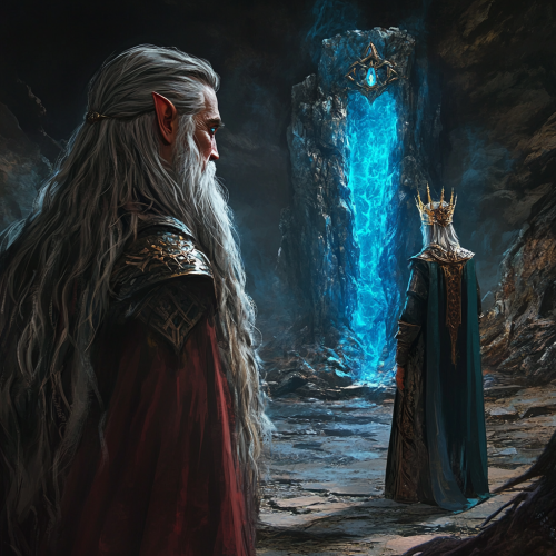 Elf wizard with elf queen and blue portal behind