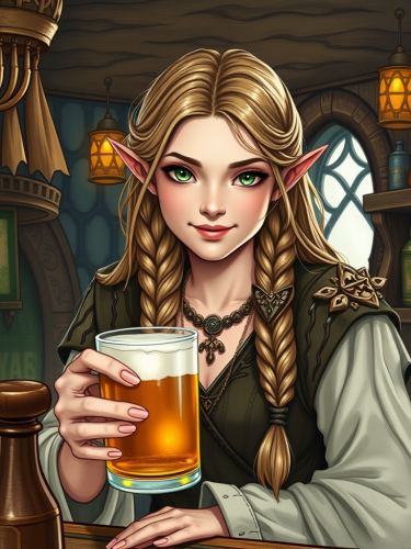 Elven Bartender Serving Beer in Medieval Tavern