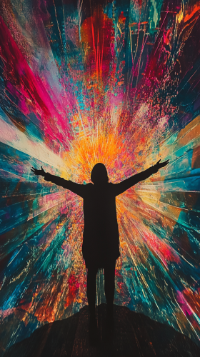 Embracing cosmic power in radiant mystical light