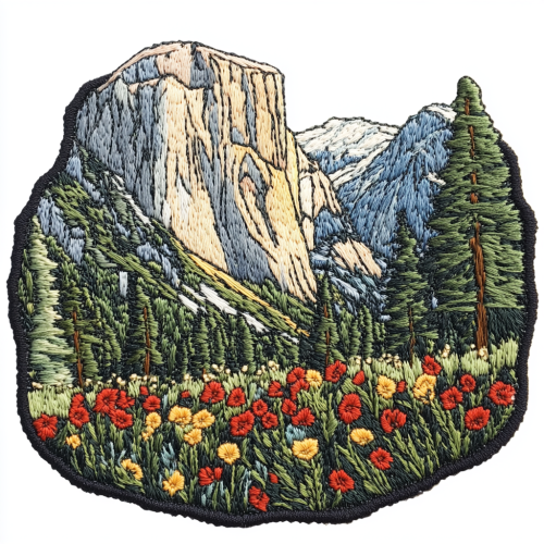 Embroidered Yosemite National Park landscape with colorful floral foreground
