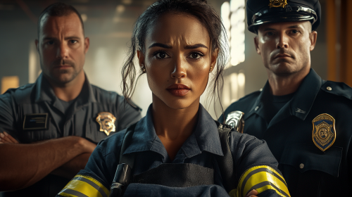 Emergency Responders Standing Together - Serious Eye Contact Emergency Responders Standing Together - Serious Eye Contact