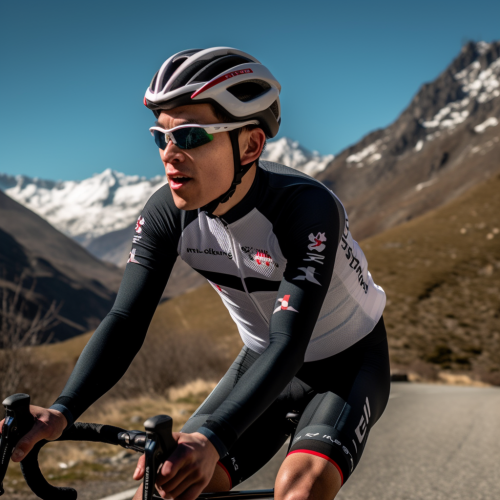 Emmanuel Macron lookalike rides road bike in mountains.