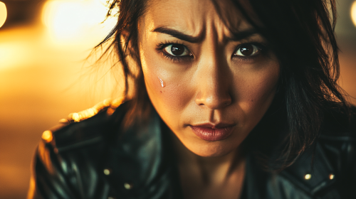 Emotional Asian woman in leather jacket in ballroom