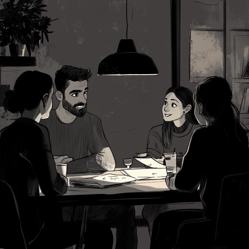 Empathetic Conversation: Modern Workplace Artwork in Grayscale