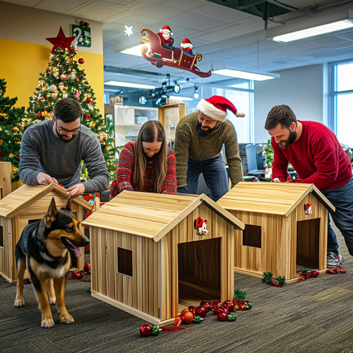Employees create dog houses in festive Christmas office