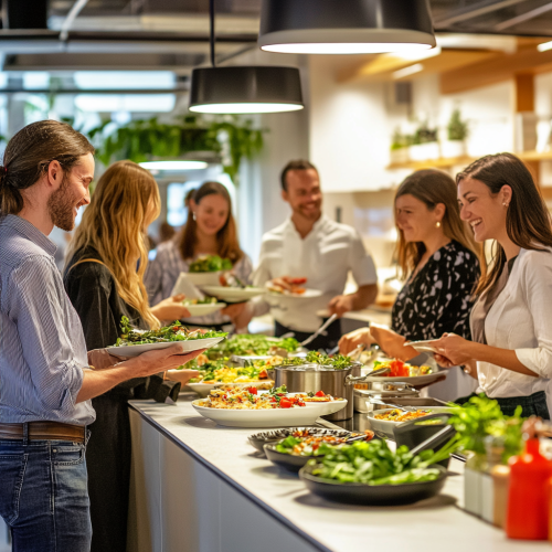 Employees in modern office kitchen, enjoying personalized meals.